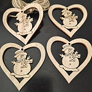 Unfinished Wood Pendant Decorations, Kids Painting Supplies,, Wall Decorations, Christmas Themed, with Jute Rope, Heart with Snowman, BurlyWood, 70mm, 10pcs/bag(WOCR-PW0001-123-22)
