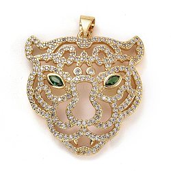 Brass Micro Pave Clear & Green Cubic Zirconia Pendants, Long-Lasting Plated, Lead Free & Cadmium Free, Tiger Head, Real 18K Gold Plated, 28.5x27x4.5mm, Hole: 5x3mm(X-ZIRC-E165-12G)