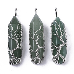 Natural Green Aventurine Big Wire Wrapped Pendants, with Brass Wires, prismatic with Tree of Life, Platinum, 48~62x14~17x13~18mm, Hole: 4x5~6mm(G-T133-P02D)
