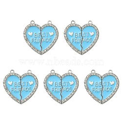 Alloy Enamel Split Pendant, with Rhinestone, Cadmium Free & Nickel Free & Lead Free, Platinum, Broken Heart with Word Best Friend, Deep Sky Blue, 31x30.5x2mm, Hole: 2mm(ENAM-YW0003-81B)