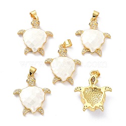 Real 18K Gold Plated Brass Micro Pave Clear Cubic Zirconia Pendants, with Shell filled in Enamel, Long-Lasting Plated, Turtle, White, 26x21x5.5mm, Hole: 4x3.5mm(KK-D004-05G-D)