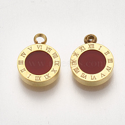 Ion Plating(IP) 304 Stainless Steel Pendants, with Acrylic, Flat Round with Roman Numerals, Golden, Red, 10x8x2mm, Hole: 1.4mm(STAS-S107-41C-02)