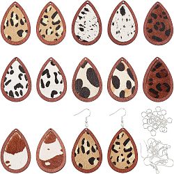 Olycraft DIY Teardrop Drop Earrings Making Kit, Including Cowhide Leather Pendants with Dyed Wood, Teardrop with Leopard Print, Iron Jump Rings & Earring Hooks, Sienna, 44pcs/box(DIY-OC0008-22)