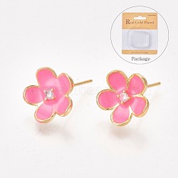 Brass Cubic Zirconia Stud Earring Findings, with Loop and Enamel, Flower, Hot Pink, Nickel Free, Real 18K Gold Plated, 11.5x12mm, Hole: 1.2mm, Pin: 0.8mm(X-KK-S350-344)