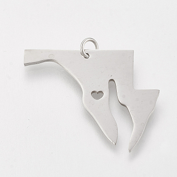 201 Stainless Steel Pendants, Map of Maryland, Stainless Steel Color, 25x30x1mm, Hole: 3mm