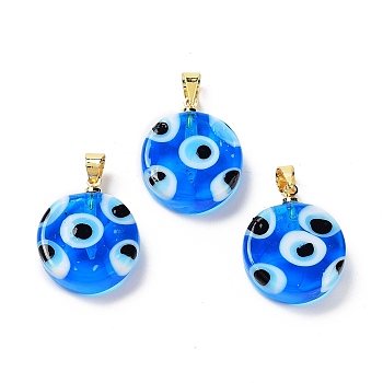 Handmade Evil Eye Lampwork Pendants, with Rack Plating Brass Findings, Long-Lasting Plated, Lead Free & Cadmium Free, Flat Round, Blue, 19.5x16x6mm, Hole: 4.2x3.8mm