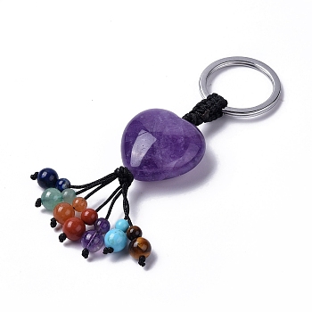 Natural Amethyst Heart with Mixed Gemstone Tassel Keychains, with 304 Stainless Steel Ring Clasps, 8.5~9cm