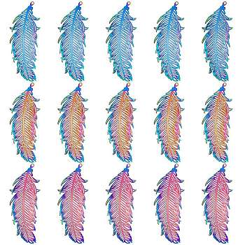 201 Stainless Steel Filigree Pendants, Etched Metal Embellishments, Feather, Rainbow Color, 47x19x0.3mm, Hole: 1.2mm, 15pcs/box