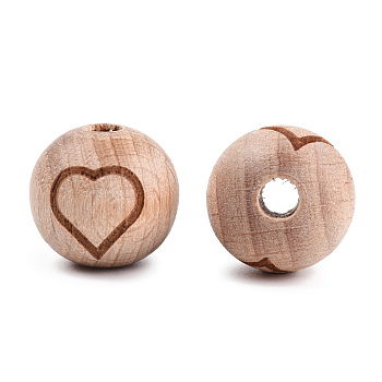 Engraved Beech Wood Beads, Round, BurlyWood, Undyed, Round, Heart Pattern, 15~16x14.5~15mm, Hole: 3~4mm