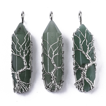 Natural Green Aventurine Big Wire Wrapped Pointed Pendants, with Brass Wires, prismatic with Tree of Life, Platinum, 48~62x14~17x13~18mm, Hole: 4x5~6mm