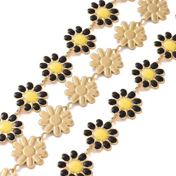 304 Stainless Steel Daisy Flower Link Chains with Enamel, Unwelded, Golden, Black, 14x10x1mm