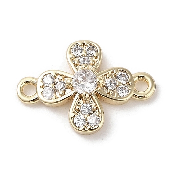 Brass Pave Clear Cubic Zirconia Connector Charms, Flower Links, Real 18K Gold Plated, 11.5x16.5x3mm, Hole: 1.4mm