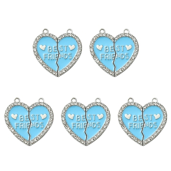 Alloy Enamel Split Pendant, with Rhinestone, Cadmium Free & Nickel Free & Lead Free, Platinum, Broken Heart with Word Best Friend, Deep Sky Blue, 31x30.5x2mm, Hole: 2mm