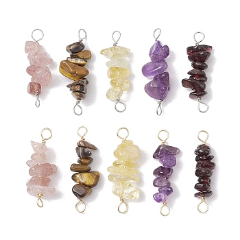 10Pcs 5 Styles Constellation Natural Garnet & Rose Quartz & Tiger Eye & Amethyst & Strawberry Quartz Copper Wire Wrapped Chip Beaded Connector Charms, Platinum & Golden, Sagittarius, 29~33x7.5~11x7.5~11mm, Hole: 2.5~3mm, 2pcs/style