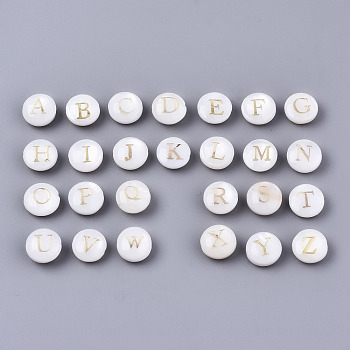 Natural Freshwater Shell Beads, with Golden Plated Brass Etched Metal Embellishments, Horizontal Hole, Flat Round with Letter, Alphabet, Seashell Color, Letter A~Z, 8x3~5mm, Hole: 0.5~0.7mm, about 26pcs/set