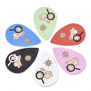 PU Leather Big Pendants, teardrop, with Compass Pattern, Mixed Color, 58x37.5x2mm, Hole: 1.5mm