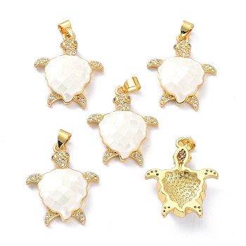 Real 18K Gold Plated Brass Micro Pave Clear Cubic Zirconia Pendants, with Shell filled in Enamel, Long-Lasting Plated, Turtle, White, 26x21x5.5mm, Hole: 4x3.5mm