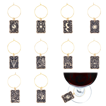 Tarot Cards Alloy Enamel Wine Glass Charms, with Brass Wine Glass Charm Rings, Light Gold, 59mm, Inner Diameter: 23.5mm, 10pcs/set, 1 set/box