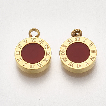 Ion Plating(IP) 304 Stainless Steel Pendants, with Acrylic, Flat Round with Roman Numerals, Golden, Red, 10x8x2mm, Hole: 1.4mm