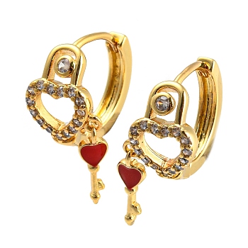 Clear Cubic Zirconia Heart Pad Lock Hinged Hoop Earrings with Enamel Skeleton Key Drop for Women, Cadmium Free & Nickel Free & Lead Free, Real 18K Gold Plated, Red, 19x10x14mm, Pin: 0.7mm