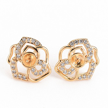 Brass Micro Pave Clear Cubic Zirconia Stud Earring Findings, for Half Drilled Bead, Nickel Free, Flower, Real 18K Gold Plated, 13x11.5mm, Pin: 0.7mm, Pin: 0.6mm(for Half Drilled Bead)
