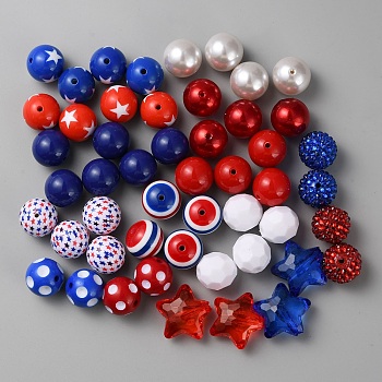 50Pcs 8 Style Acrylic Beads, Independence Day Theme, Round and Star, Mixed Color, 19~20x18~20mm, Hole: 2.7~3.2mm