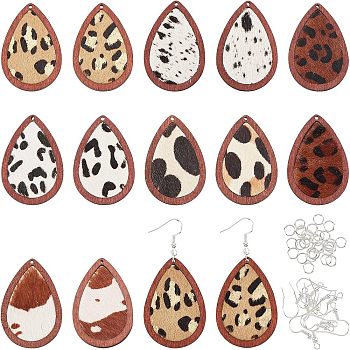 Olycraft DIY Teardrop Drop Earrings Making Kit, Including Cowhide Leather Pendants with Dyed Wood, Teardrop with Leopard Print, Iron Jump Rings & Earring Hooks, Sienna, 44pcs/box