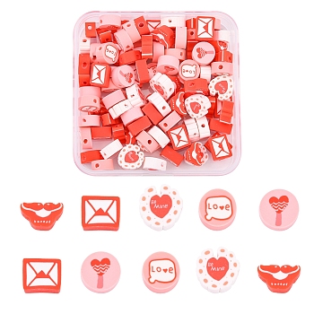100Pcs Handmade Polymer Clay Beads, Flat Round with Word Love & Heart, Mouth and Letter, Red, 5.5~9.5x9~11x4~5mm, Hole: 1.6mm