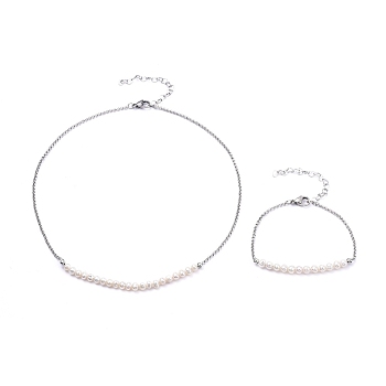 304 Stainless Steel Rolo Chains Necklace & Bracelet Jewelry Sets, with Natural Freshwater Pearl, Tiger Tail Craft Wire and Lobster Claw Clasps, Seashell Color, Stainless Steel Color, 16.41 inch(41.7cm), 7-3/8 inch(18.7cm)
