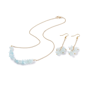 Natural Aquamarine Chips Beaded Jewelry Set, Gemstone Pendant Necklace & Cluster Dangle Earrings with 304 Stainless Steel Cable Chains for Women, Golden, 60mm, Pin: 0.6mm, 19 inch(48.5cm)