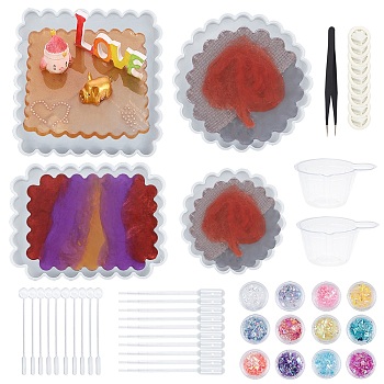 Waved Cup Pad Silicone Molds, with Disposable Plastic Transfer Pipettes and Latex Finger Cots, Anti-static Tweezer and Gradual Change Candy Style Flakes, Mixed Color, 185x14mm