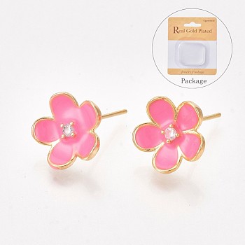 Brass Cubic Zirconia Stud Earring Findings, with Loop and Enamel, Flower, Hot Pink, Nickel Free, Real 18K Gold Plated, 11.5x12mm, Hole: 1.2mm, Pin: 0.8mm