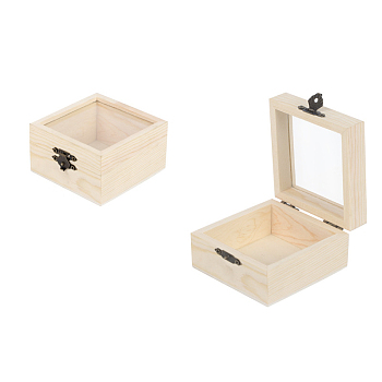 Wooden Storage Boxes, with Clear Glass Flip Cover & Iron Clasp, Square, PapayaWhip, 8.5x8.5x5cm