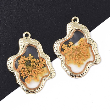 Epoxy Resin Pendants, with Dried Flower Inside and Light Gold Plated Alloy Open Back Bezel, Nuggets, Orange, 35x26x1.5mm, Hole: 1.6mm