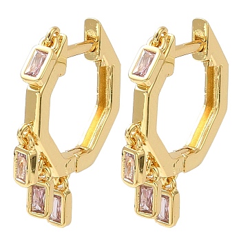 Cubic Zirconia Rectangle Dangle Hoop Earrings, Rack Plating Brass Earrings for Women, Lead Free & Cadmium Free, Real 18K Gold Plated, 21.5x17x2mm