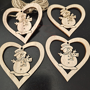 Unfinished Wood Pendant Decorations, Kids Painting Supplies,, Wall Decorations, Christmas Themed, with Jute Rope, Heart with Snowman, BurlyWood, 70mm, 10pcs/bag