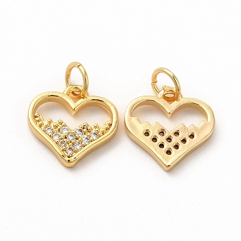 Rack Plating Brass Micro Pave Cubic Zirconia Charms, Heart Charm, with Jump Ring, Real 18K Gold Plated, 12.5x12x2.5mm, Hole: 3.6mm