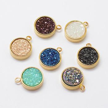 Electroplated Natural Druzy Agate Charms, with Brass Findings, Flat Round, Golden, Mixed Color, 14.5x12x4mm, Hole: 2mm