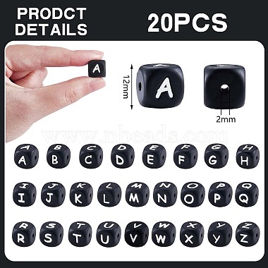 20 piezas de cuentas de silicona con letras de cubo negro 12x12x12 cuentas de alfabeto de dados cuadrados de mm con cuentas de letras sueltas con espaciador de agujeros de 2 mm para hacer pulseras(JX433Y)-2