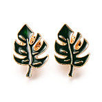Alloy Enamel Brooches, Enamel Pin, with Butterfly Clutches, Leaf, Light Gold, Cadmium Free & Nickel Free & Lead Free, Dark Green, 25x17x2mm, Pin: 1mm(JEWB-N006-039-NR)