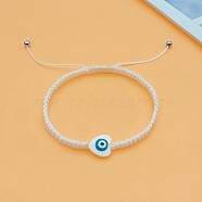 Heart Evil Eye Shell Bead Braided Bead Bracelets, Adjustable Polyester Cord Bracelets for Women, White, Heart: 3/8 inch(1cm)(PK6990-1)