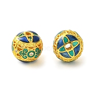 Rack Plating Brass Enamel Beads, Long-Lasting Plated, Lead Free & Cadmium Free, Round with Flower, Real 18K Gold Plated, 10x9.5mm, Hole: 1.6mm(KK-G501-09G)