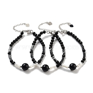 Natural Obsidian Round & Synthetic Non-magnetic Hematite & White Shell Beaded Bracelets for Women, 7-1/4 inch(18.5cm)(BJEW-K251-02D)