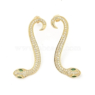 Snake Real 18K Gold Plated Brass Stud Earrings, with Cubic Zirconia, Green, 37x14mm(EJEW-L269-085G)