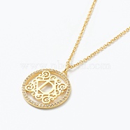 Brass Micro Pave Clear Cubic Zirconia Pendant Necklaces, Flat Round with Letter, Real 18K Gold Plated, Letter.D, 16.14~17.20 inch(41~43.7cm)(NJEW-E153-01D)