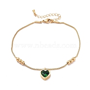 Glass Heart Charm Bracelet with Box Chains, Golden 304 Stainless Steel Jewelry for Women, Dark Green, 8-5/8 inch(22cm)(BJEW-E075-01G)
