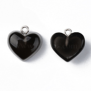 Transparent Resin Pendants, with Platinum Tone Iron Loop, Heart, Black, 16.5x17x9.5mm, Hole: 1.8mm(X-RESI-R429-30H)