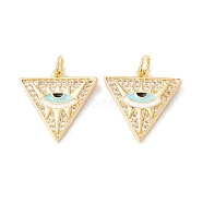 Brass Micro Pave Cubic Zirconia Pendants, with Jump Rings and Enamel, Cadmium Free & Lead Free, Real 18K Gold Plated, Long-Lasting Plated, Triangle with Eye, White, 17x17x2mm, Hole: 3mm(ZIRC-P098-05G-03)