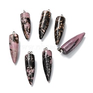 Natural Rhodonite Pendants, with Platinum Brass Findings, Bullet, 32~35x10~11mm, Hole: 7X3mm(G-D040-01P-B14)