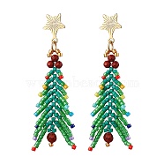 Christmas Tree Natural Red Jasper & Glass Seed Beads Dangle Stud Earrings for Women, Green, 60x21mm(EJEW-MZ00157)